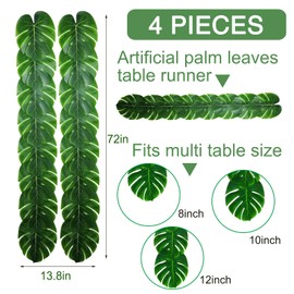 Artificial Palm Leaves Table Runners 72 Inch, Tropical Palm Leaves Table Runner Faux Leaf Table Cloth for Wedding Hawaiian Luau Theme Party Supply Summer Table Wall Decorations (4)
