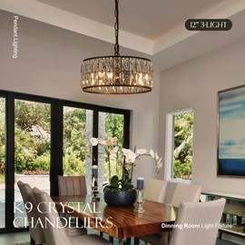 Salaiwei 12” 3-Light Modern Crystal Chandeliers Black Dinning Room Light Fixture, Round Pendant Light Kitchen Island Chandelier, Flush Mount Ceiling Light for Living Room Entryway Bedroom Foyer