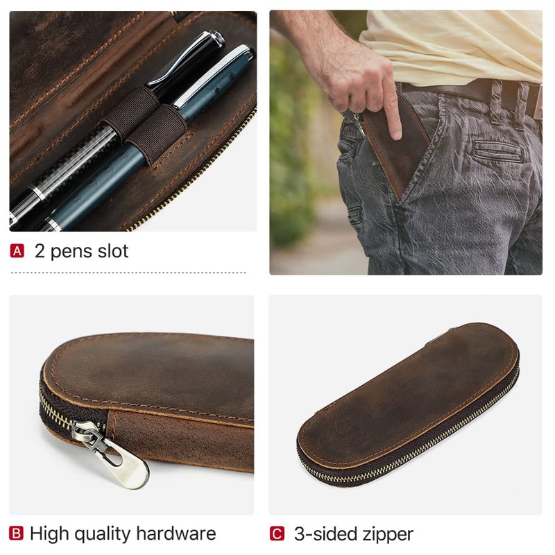 Hiram Leather Pen Case Portable Pen Box with Zipper Closure