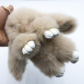 Xsclpomddy Bunny Keychain Soft Cute Faux Rabbit Fur Fluffy Pompom Keyring for Car Handbag Lovely Charm Ring,light khaki,5.9in