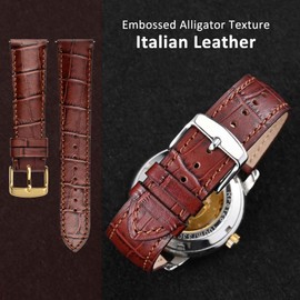 WOCCI 26mm Watch Band, Italian Leather, Embossed Alligator Grain, Gold Buckle (Brown)