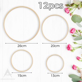 ANNASAMDO Pack of 12 Wooden Rings for Crafts, 13 cm/15 cm/20 cm/26 cm Wooden Ring Macrame Set Dream Catcher Craft Decoration Ring for DIY Wedding Wreath Decor and Wall Hanging Craft Flower Wreath Door