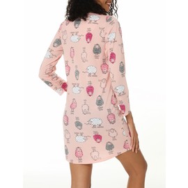 MIA LUCCE Women's Nightdress with Cute Prints, Long Nightdress with Crew Neck, Pink Sheep