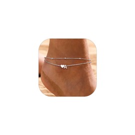 PROSILVER Women Sterling Silver Heart Anklet, A Letter Initial Ankle Bracelet, Adjustable Hypoallergenic Double-Layer Foot Chain for Beach Summer with Gift Box
