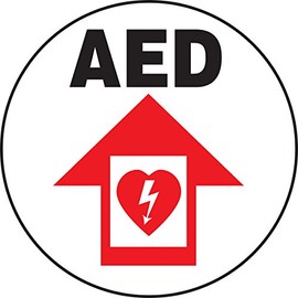AccuformNMC Floor Sign "AED" with Arrow and Symbol, 17" Diameter Non-Slip Adhesive Vinyl AED Emergency Sign, Red/Black on White, Made in the USA, MFS713