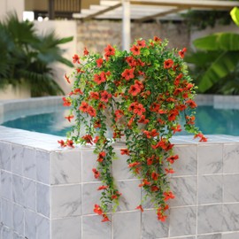 IDEVRE 4 Pcs Artificial Hanging Fall Flowers for Outdoors, UV Resistant Hanging Silk Fake Mums,Artificial Mums for Outdoors,Fall Decorations for Home,Outdoor Fall Decor(Orange)