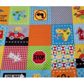 Marcus Brothers Textiles Go Go Dino BTY Lollipop Rainbow Marcus Brothers Dinosaur Race Car Flag Patchwork