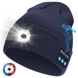 Bluetooth Beanie with Light, 2024 New Musical Knitted Hat with Headphone, Built-in Stereo Speakers Mic, 5 LED Super Bright, USB-C Charging, Cool Gadgets for Men Dad Camping Running, Navy Blue