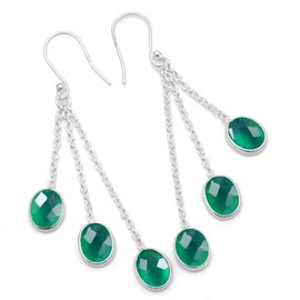 Silver Palace 925 Sterling Silver Natural Gemstone Drop Dangle Earrings for Women, Metal Gemstone, green onyx-cut