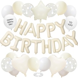 GRESATEK Birthday Balloons, Balloons, Decorative Set, Happy Birthday, Letters, Stars, Clear Dot Balloons, Happy Birthday Decoration, Luxurious Set, Ribbon Included, Dull White
