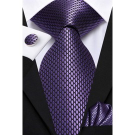 Dubulle Mens Tie Set Solid Paisley Silk Striped Necktie for Men with Cufflinks Tie and Pocket Square,Dark Purple