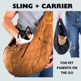 SUSU PET CO. Cat Sling and Small Dog Carrier, Hands-Free, Versatile Carrying Option Small Dog Sling, Size and Shoulder Strap Adjustable Puppy Carrier, Plush Soft Fabric, Safety Belt. (Camel Brown)