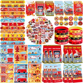 122PCS Fire Truck Party Favors - 50 Stickers, 12 Assemble Stickers, 12 Button Badges, 12 Mini Notepads, 12 Slap Bracelets, 12 Rubber Bracelets, 12 Goodie Bags for Firefighter Firetruck Party Supplies