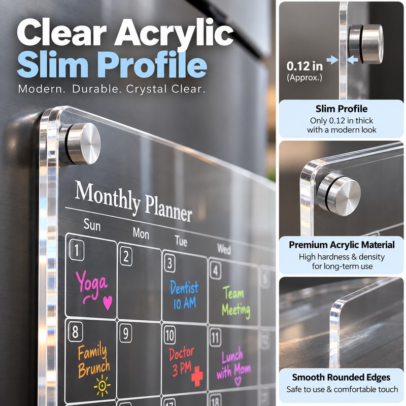 Clear Acrylic Monthly Planner for Refrigerator – Reusable Dry Erase