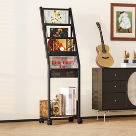 Homeiju Vinyl Record Storage, Record Holder with 4 Tier Vinyl Holder Display Shelf Holds Up to 100 Records, Movable Vinyl Storage Organizer Rack, Record Cabinet for Magazines, Books, CDs