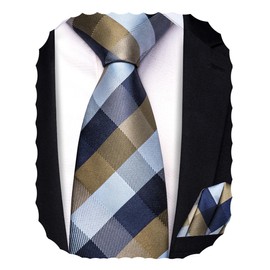 Hi-Tie Boys Plaid Ties Self Tie Silk Navy Khaki and Blue Kids Necktie and Pocket Square Set for Age 8-14 Wedding