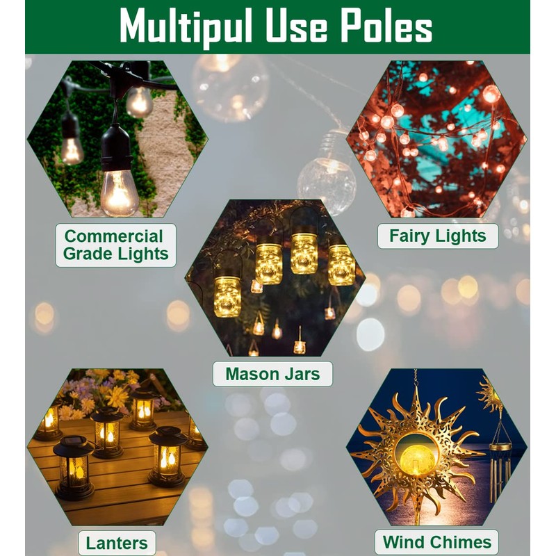 Tigerden 10ft String Light Poles for Soft Surfaces, Light Poles