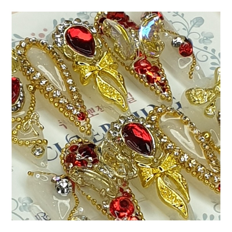 [Premium] Night of Blood Red Ribbon Handmade Nail Tips -
