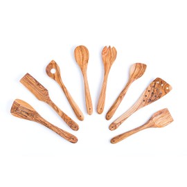Darido Olive Wood Naturel Set of 8 Kitchen Utensils, Approx. 30 cm, Handmade, Wooden Spoons, Ladle, Risotto Spoon, Spatula, Salad Servers, Honey Dipper