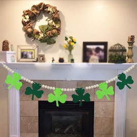 7.5 FT Beaded St Patricks Day Garland, Felt Shamrock Banner and Wooden Beads | Rustic Farmhouse Clover St Patricks Day Decorations for Home Bar Party, Shelf Display, Fireplace, Wall Decor