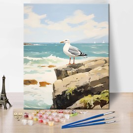 TISHIRON Paint by Numbers for Adults, Seagull DIY Painting by Numbers, Seagull Standing on the Rock by the Sea, Painting by Numbers Kits Artwork without Frame, Painting by Numbers for Home Decor, 16 x