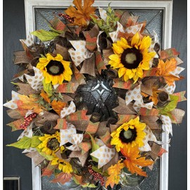 BEAUTIFUL XL Thanksgiving Yellow Sunflower Floral Fall Brown Polka Dot Deco Mesh Front Door Wreath, Door Hanger, Country Home, Farmhouse Decoration, Porch Sign