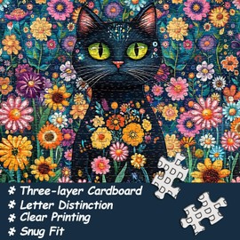 Cat Jigsaw Puzzle for Adults 1000 Pieces, Black Cat Garden Flowers Plants, Kitten Animal Themed Puzzle, Challenging for Adults Kitty