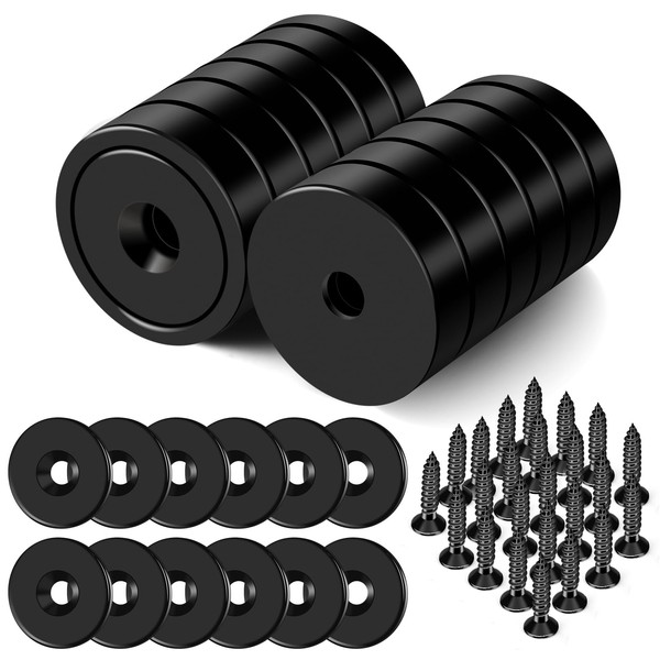 LOVIMAG Strong Rare Earth Magnets,70lbs Waterproof Strong Neodymium Cup Magnets with Screws and Iron Sheets for Wall Mounting, Round Countersunk Base Magnet with Holes(Black 12 Pack,0.98 * 0.2 inch)