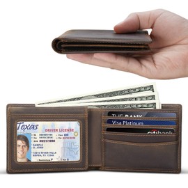 Polare RFID Blocking Cowhide Leather Bifold Wallet For Men with 2 ID Windows(Dark Brown)