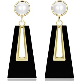 Hanavigar Vintage Geometry Hollow Gold Pearl Acrylic Lightweight Dangle Drop Earrings Bohemian Retro Black Trapezoid Stud Earrings For Women Jewelry Gifts (Black)