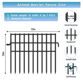 37ft (L) X 13in (H) Garden Animal Barrier Fence, 26 Pack No Dig Dog Fence Border, 1.44in Gap Decorative Fences, Rustproof Metal Wire Garden Border Fence for Dog, Rabbits Ground Stakes