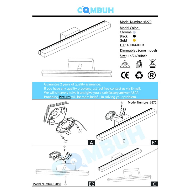 Combuh LED Bathroom Vanity Light Bar, 16 Inch 9W Black