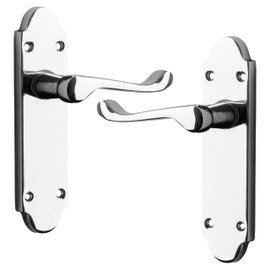 IRONZONE® A Pair of Premium Quality Shaped Door Handle Lever Latch on Backplate Polished Chrome, Contemporary Design for Internal Wooden or Oak internal Doors