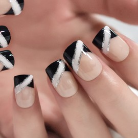 Black White Silver Line Unique French Short Medium Squoval Press On Nails Beauty Care Salon Professional Fake Nails 24 pcs/kit