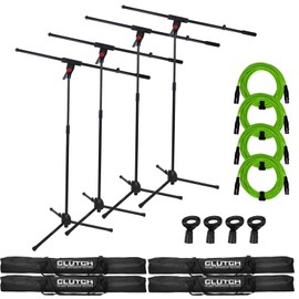 Pro Audio DJ Microphone Boom Stands w Green XLR Cables, Clips & Bags 4 Pack