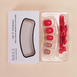 Hot Pink Press on Nails Short Square False Nail French Tip Fake Nails Rose Pink Glue on Nails Glitter Design Handmade Artificial Nails Cute Glossy Stick on Nails Full Cover for Women - 24Pcs
