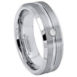 Jewelry Avalanche 7MM Brushed Grooved Center Beveled Edge Tungsten Carbide Wedding Band - 0.07ct Diamond Tungsten Ring - April Birthstone Ring -11.5