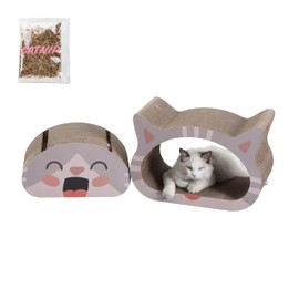 THE LICKER STORE CSR1000A Opal 19" Modern Cardboard Happy Cat Head 2-in-1 Cat Cave Scratcher with Built-in Bell Toys and Catnip, Muted Pink/Cream