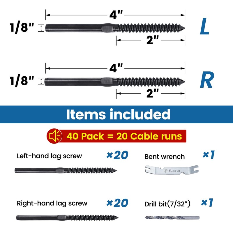 Muzata 40Pack 1/8" Black Swage Lag Screws Left & Right