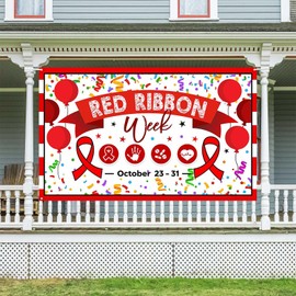 Ticuenicoa Red Ribbon Week Banner - 70.8x43.3in Anti-Drug Awareness Decoration with Red Ribbon, Hearts & Bold Lettering