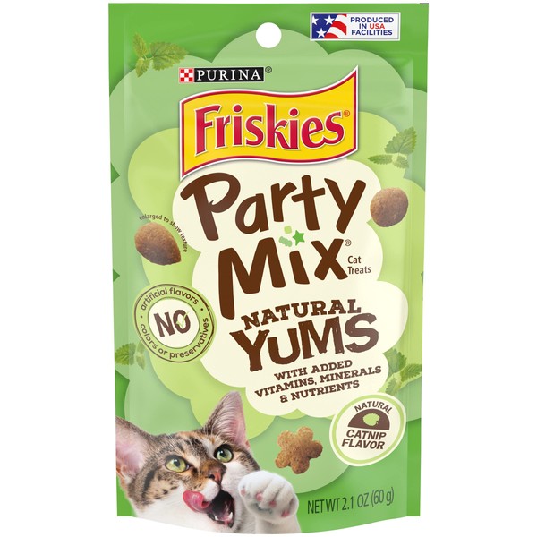 Purina Friskies Made in USA Facilities, Natural Cat Treats, Party Mix Natural Yums Catnip Flavor - (10) 2.1 oz. Pouches