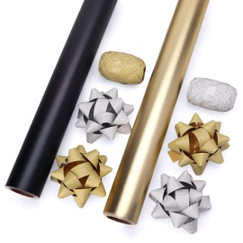 Ribbli Christmas Wrapping Paper Set, 2 Rolls Black and Gold Metallic Matte Solid Color Paper with Curling Ribbon and Gift Bow for Birthday Christmas, Mini Roll 17 Inch x 197 Inch(16 Feet) Per roll