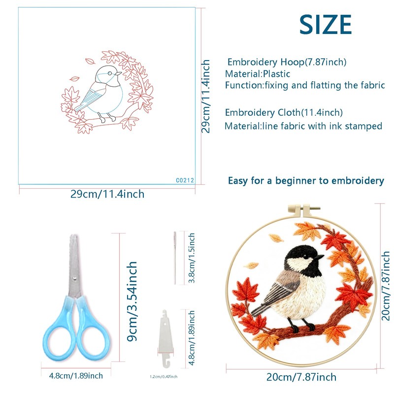 Zhenqing Black-Capped Chickadee Embroidery Kit for Beginners, Autumn Bird Needlework
