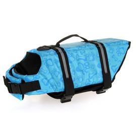 Dog Life Jacket Blue Bone Pattern Reflective Pet Dog Lifesaver Flotation Vest for Boating Swimming M Size