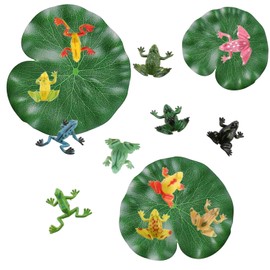 21PCS Plastic Frogs & Floating Lotus Leaves Set,12 Realistic Frog Figures with 9 Artificial Lily Pads (10/15/20cm), Pond Decoration for Garden, Pool, Outdoor Crafts & Mini Landscape Decor