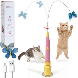 JoyBruko Interactive Cat Toys for Indoor Cats, Automatic Cat Wand Toy Enrichment for Bored Kitten, Spin Butterfly with Self-Holding Suction Base, Rechargeable Electric Moving Feather Stimulating Toy