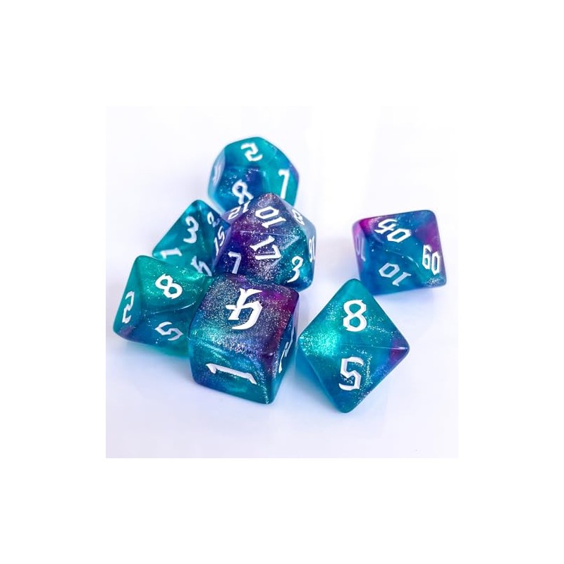 Galaxy Swirl Polyhedral Dice Set, 7-Piece, Turquoise and Purple Glitter,