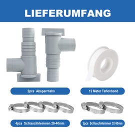 ANYUNKEY Shut-off valve for pools with 32 mm hose connection, pool hose adapter, pool maintenance accessories with 6 x hose clamps (set of 2)