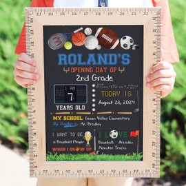 First Day of School Sign (11.5"x15"), Reusable Chalkboard, Easy to Clean with Real Wooden Ruler Frame, Perfect for Back to School, First Day of Kindergarten (Sports)