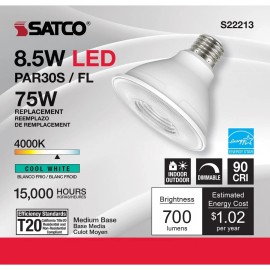 SATCO S22213 - 8.5 Watt PAR30S LED Bulbs - 4000K - 120 Volts (6 Pack)